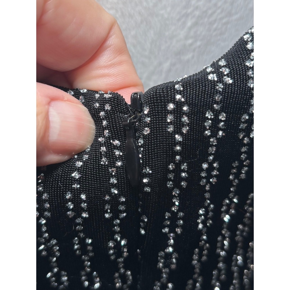 Alex Evenings Beaded Formal Gown Size 12 Black Silver‎ Spaghetti Strap Maxi - Picture 6 of 13
